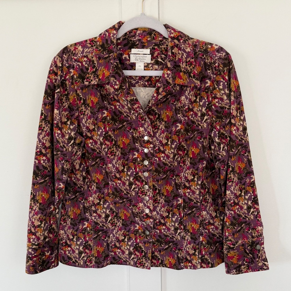 VTG Christopher & Banks‎ Blazer Corduroy Floral Snap Front Purple Petite Large